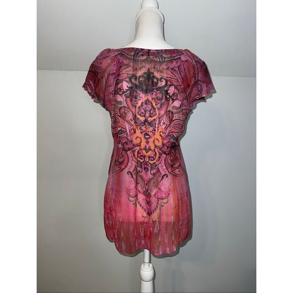 Y2K 2000s Floral Print Lettuce Cap Sleeve Whimsy Fairy Grunge Boho Top SMALL - Picture 5 of 8